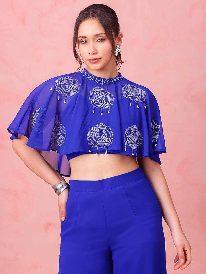 women embroidered mock neck top and palazzo fusion set - 22540608 -  Standard Image - 1