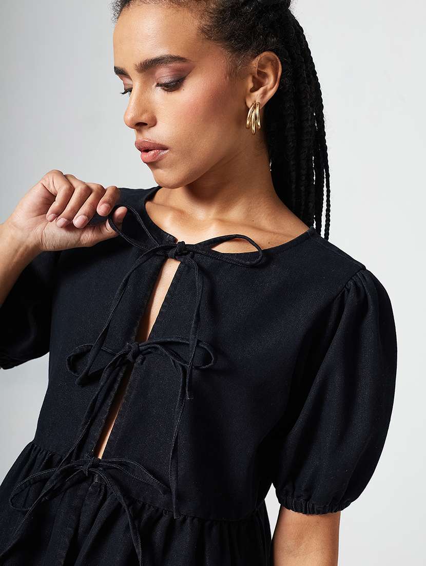 women solid puff sleeves tie up peplum top - 22540625 -  Standard Image - 1