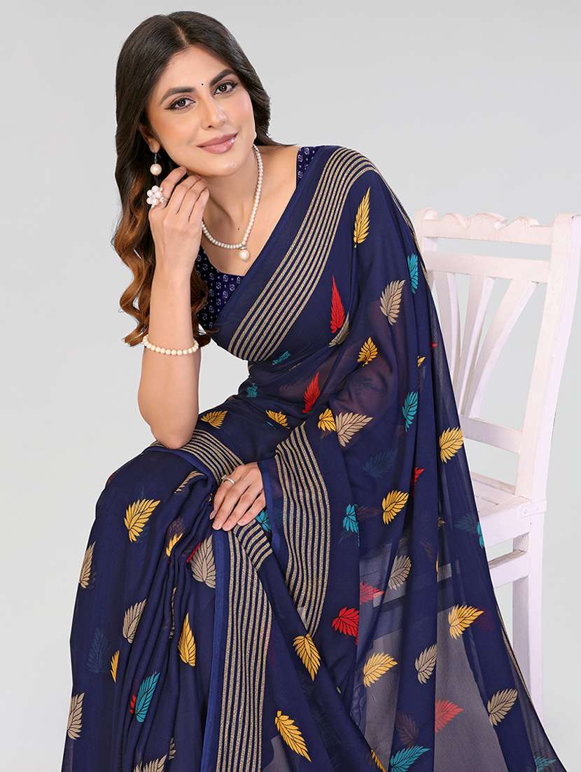 navy blue georgette printed saree with blouse - 22540691 -  Standard Image - 1