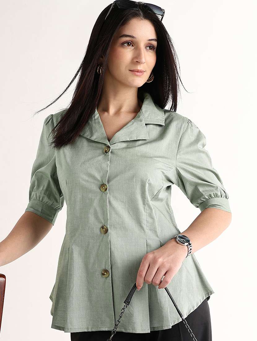 women solid puff sleeves a-line top