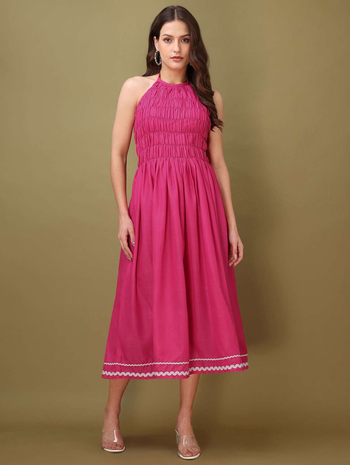 women solid halter neck fit and flare dress