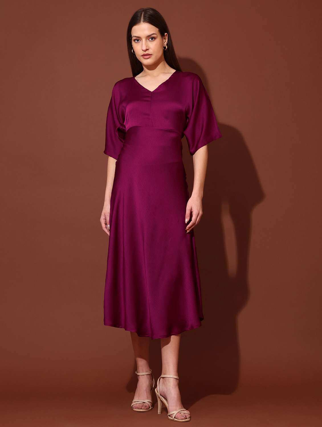 women solid v neck fit and flare dress