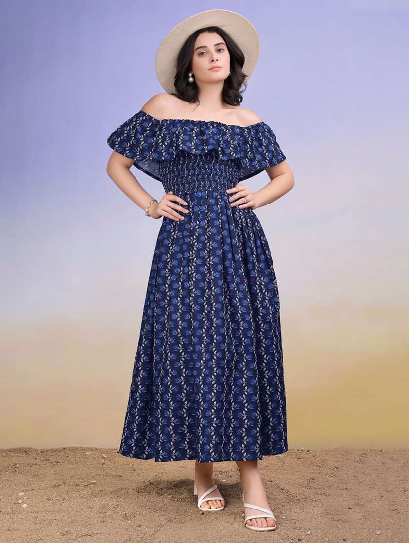 women printed off shoulder fit and flare dress