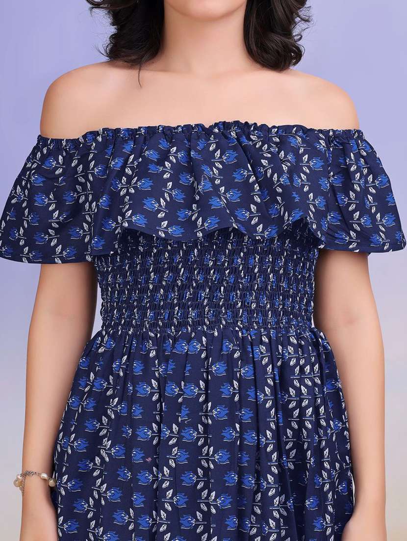 women printed off shoulder fit and flare dress - 22541113 -  Standard Image - 1
