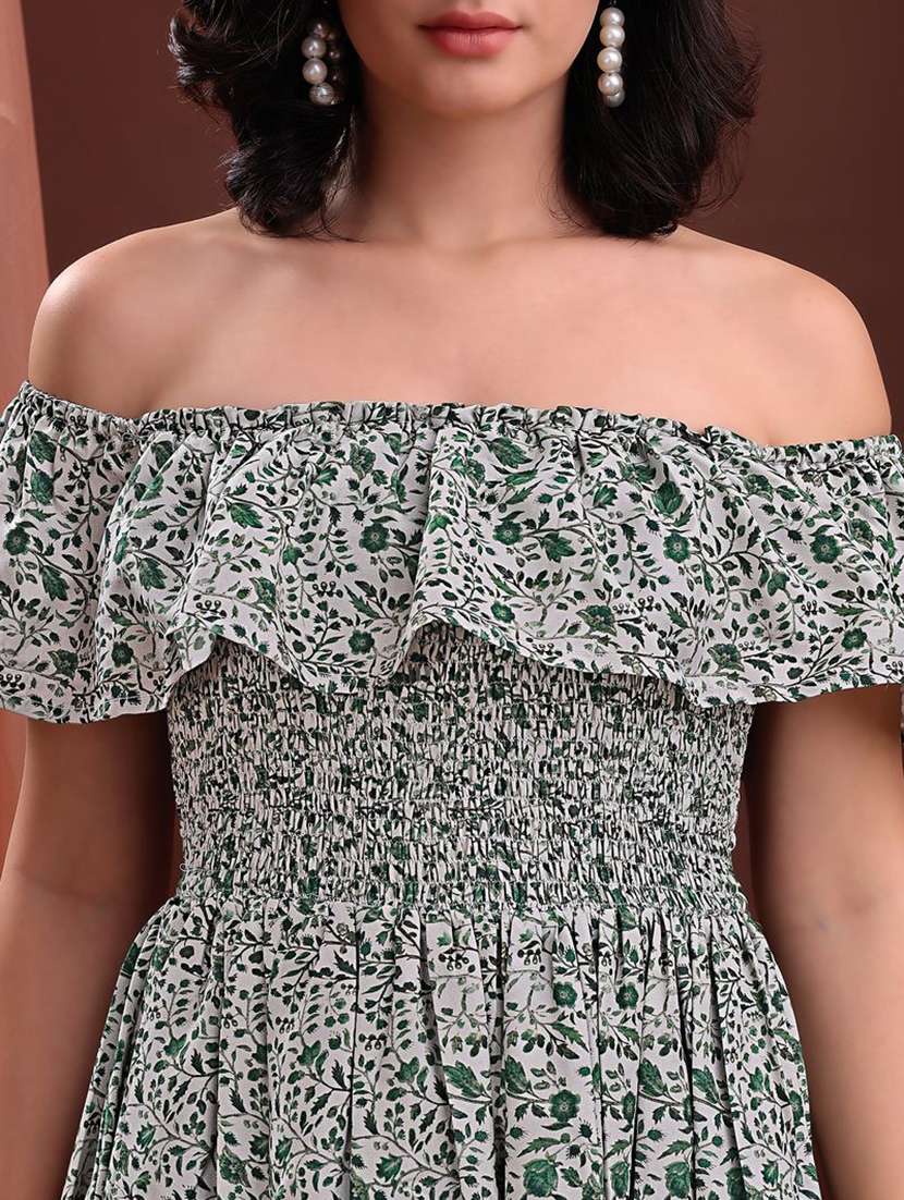 women printed off shoulder fit and flare dress - 22541116 -  Standard Image - 1