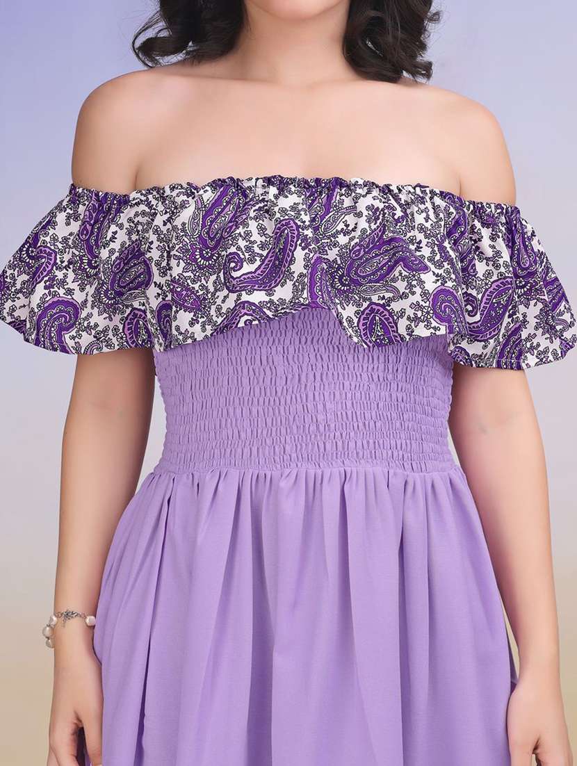 women printed off shoulder fit and flare dress - 22541144 -  Standard Image - 1