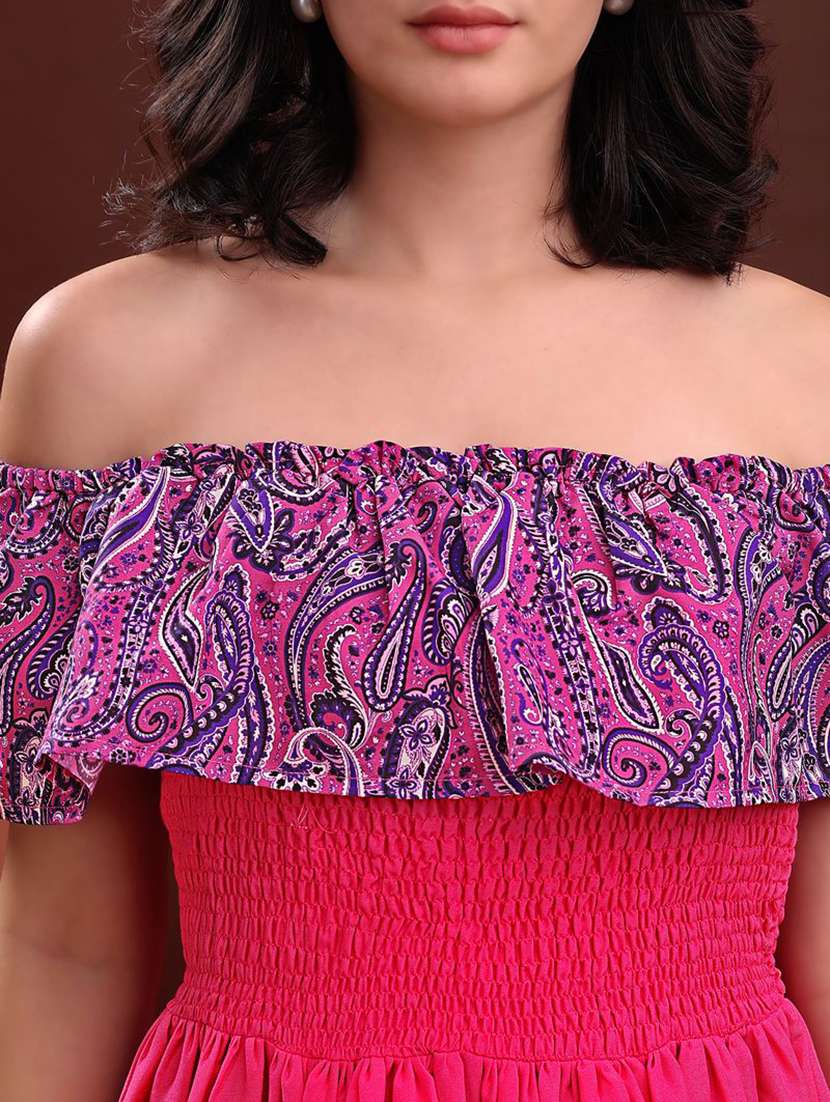 women printed off shoulder fit and flare dress - 22541145 -  Standard Image - 1