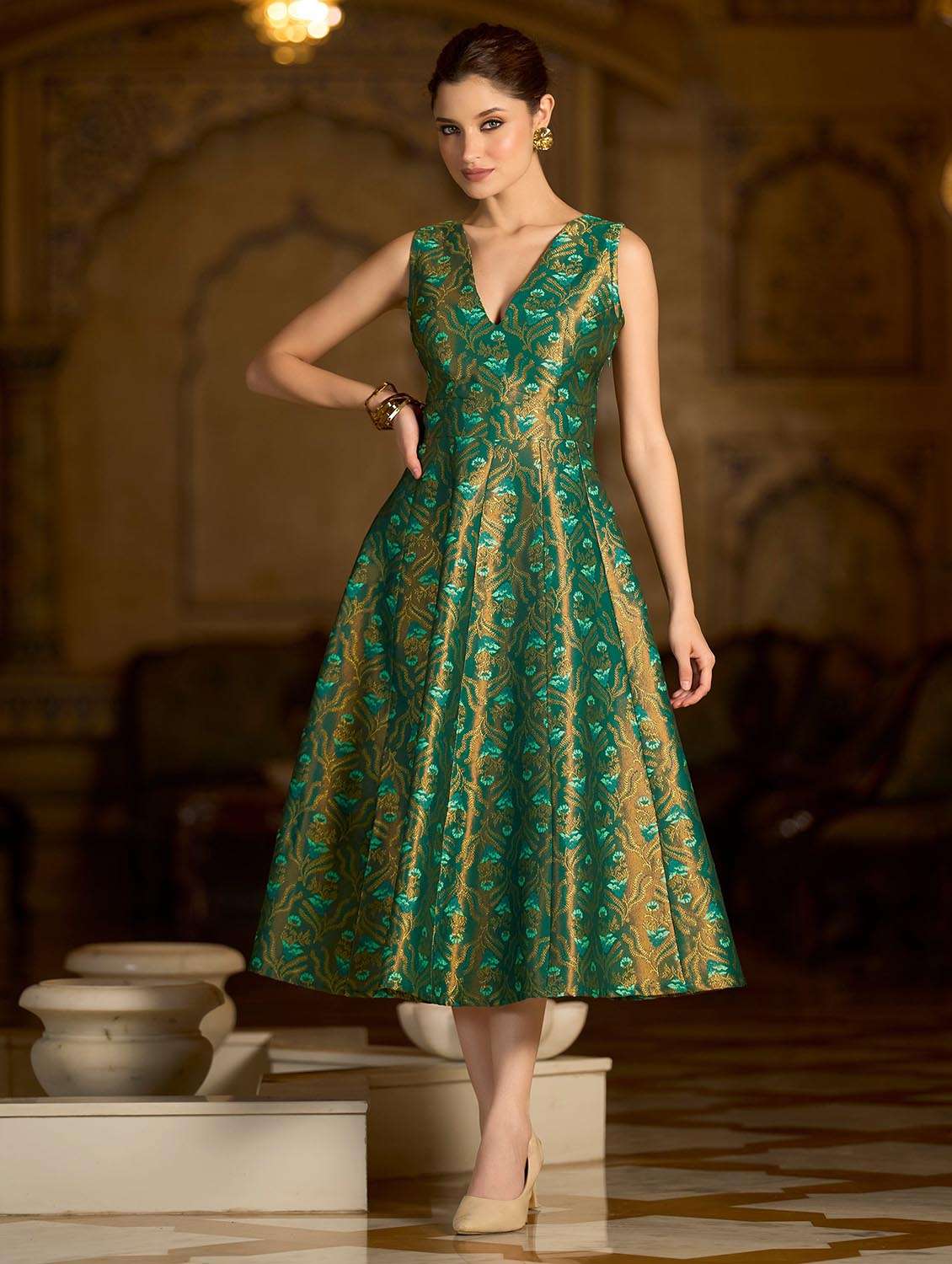 women self design v neck fit and flare dress
