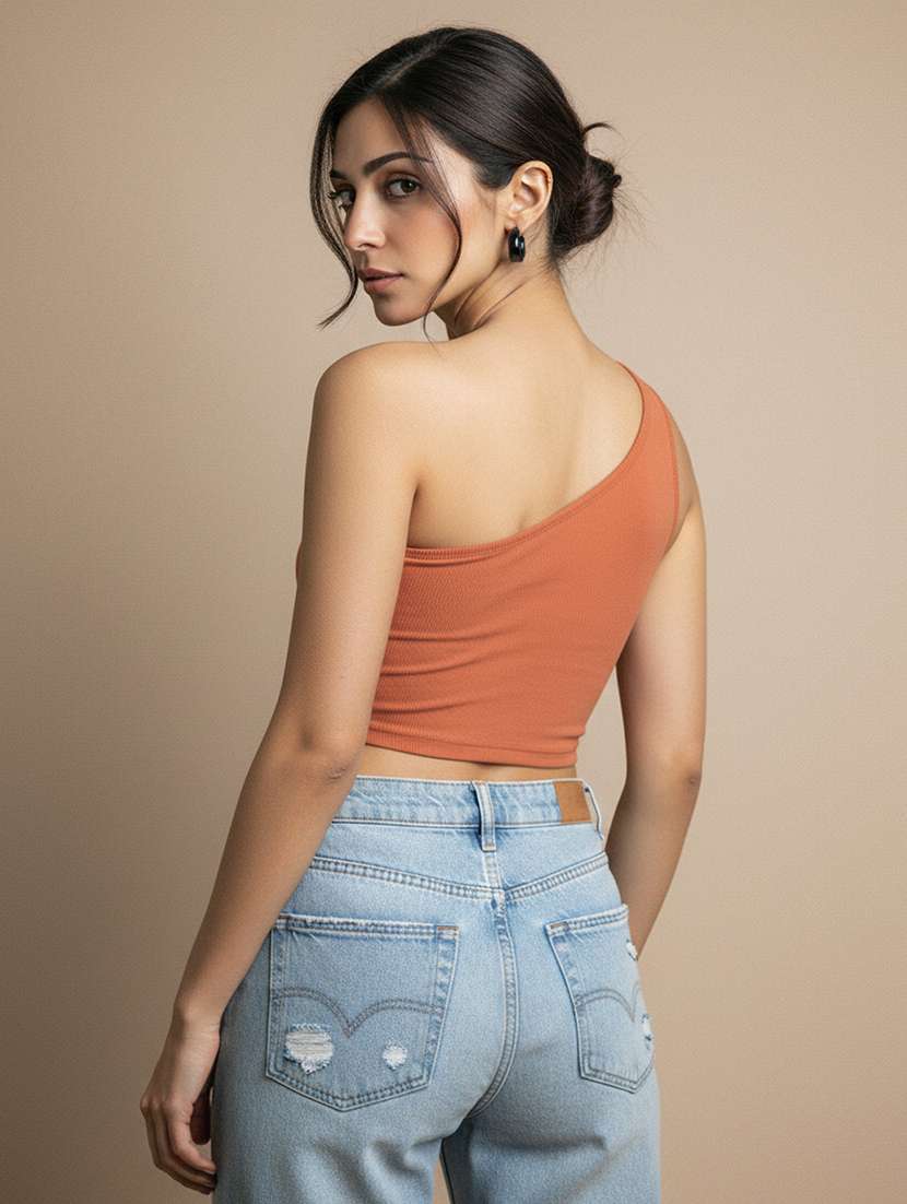 women solid single shoulder crop top - 22541209 -  Standard Image - 4