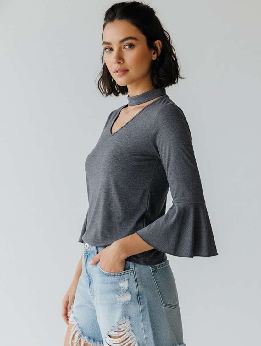 women solid choker neck regular top - 22541221 -  Standard Image - 1