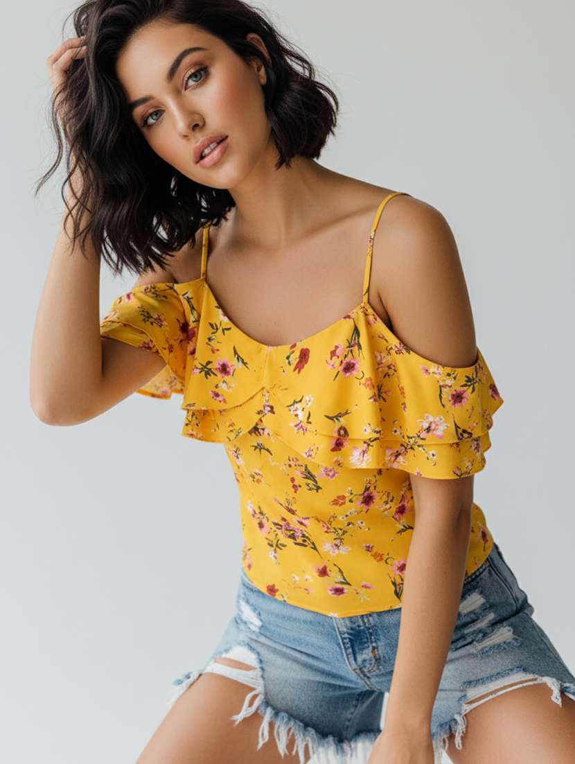women printed cold shoulder regular top