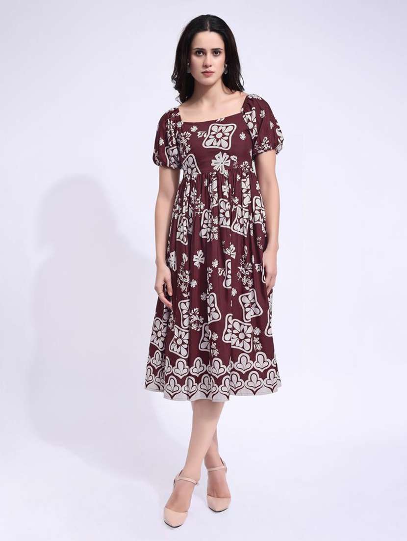 women printed square neck fit and flare dress