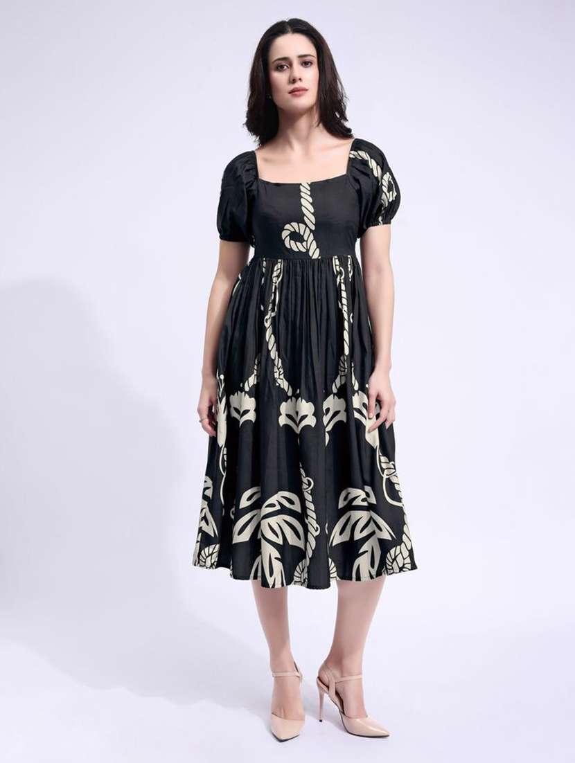 women printed puff sleeve fit & flare dress