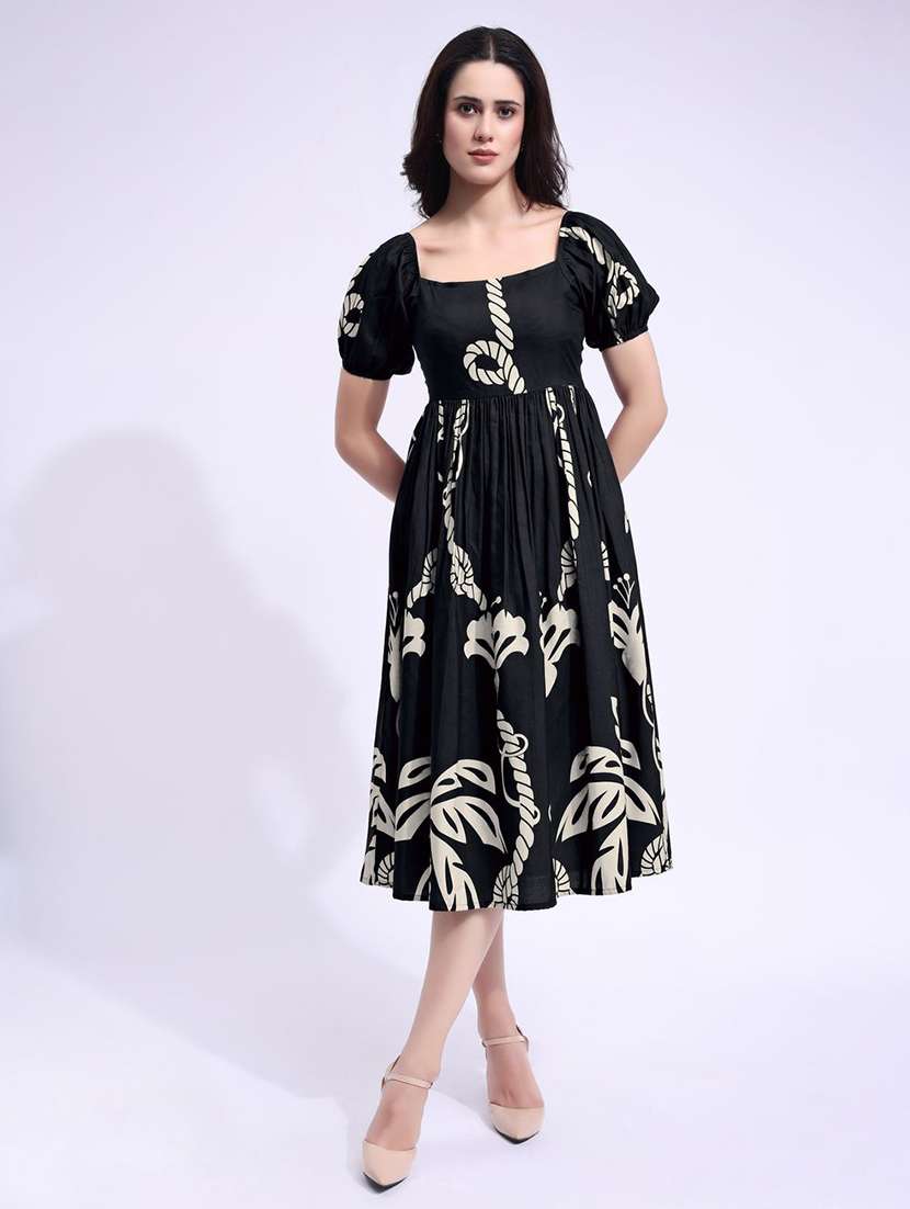 women printed puff sleeve fit & flare dress - 22541264 -  Standard Image - 1