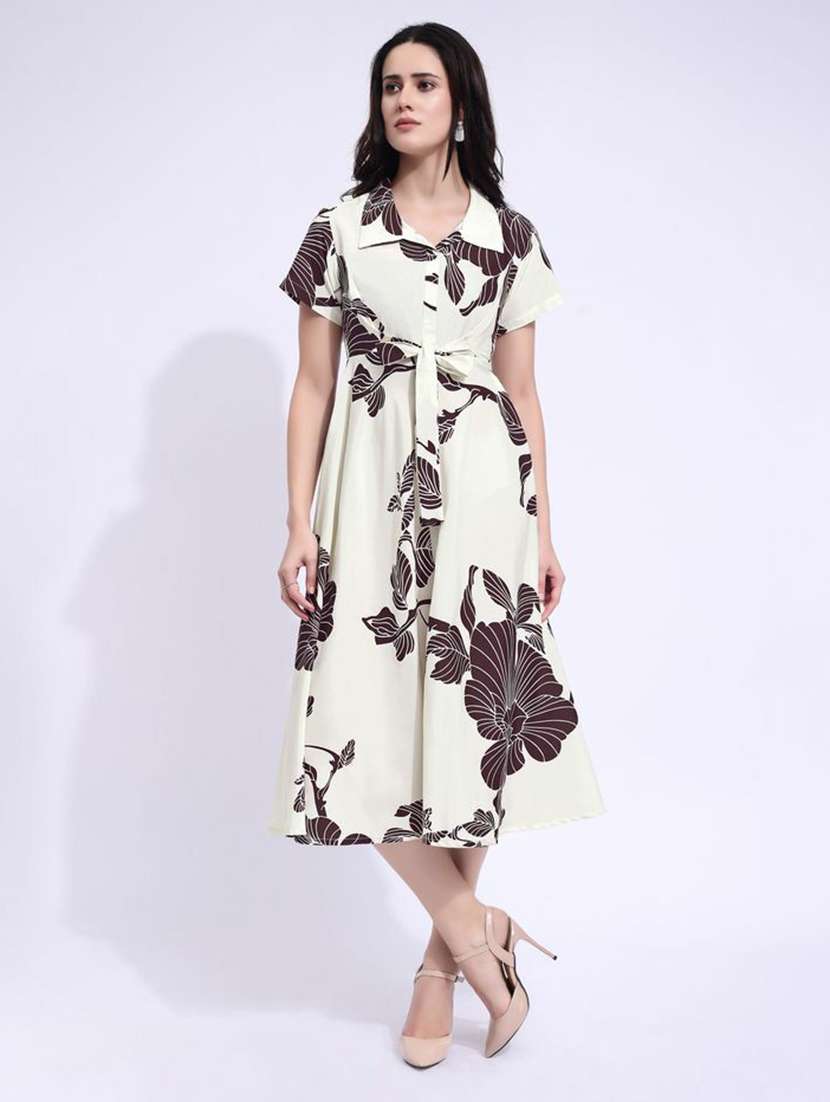 women printed collared fit and flare dress
