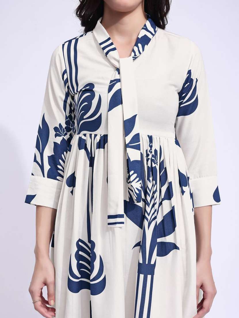 women printed tie up neck fit and flare dress - 22541271 -  Standard Image - 1