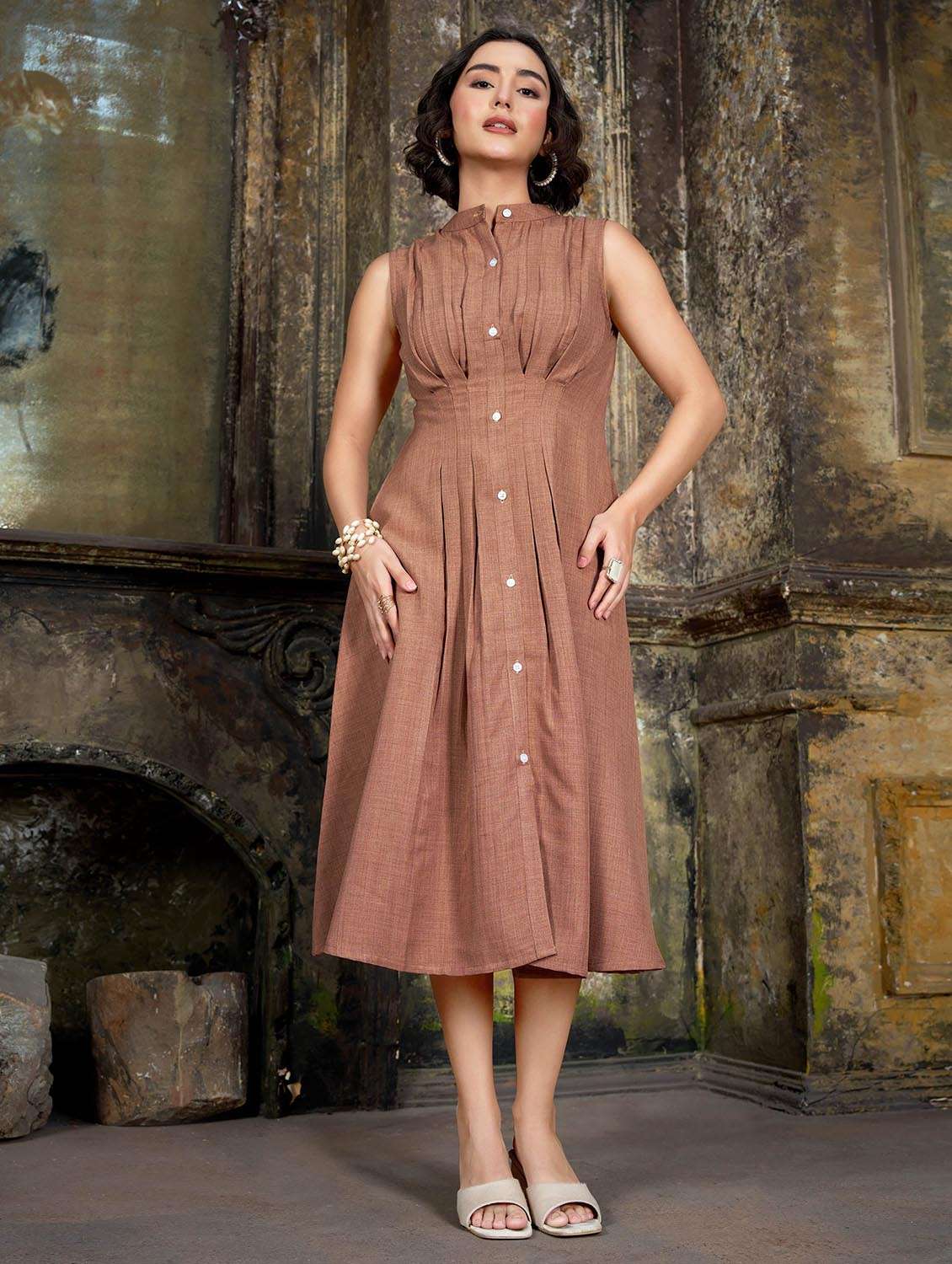 women solid sleeveless fit and flare dress