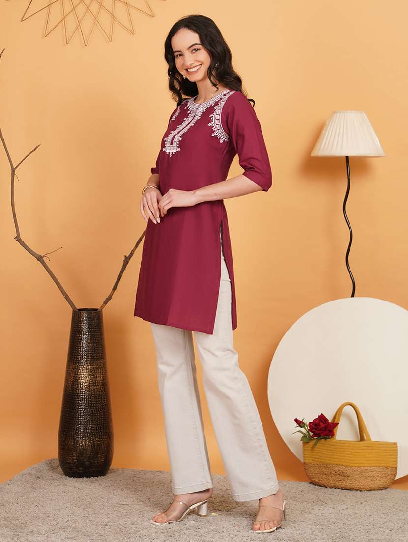women embroidered three quarter sleeve straight kurti - 22541353 -  Standard Image - 4