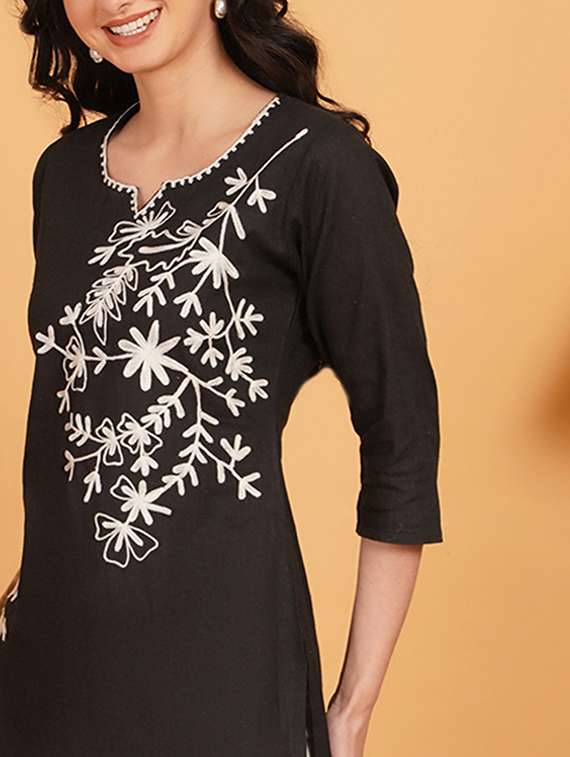 women embroidered notch neck straight kurti - 22541414 -  Standard Image - 1