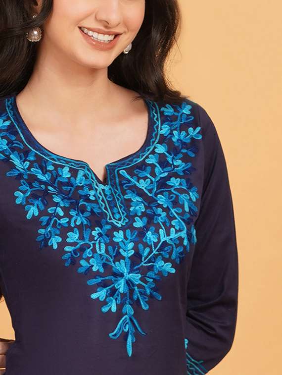 women embroidered notch neck straight kurti - 22541436 -  Standard Image - 1