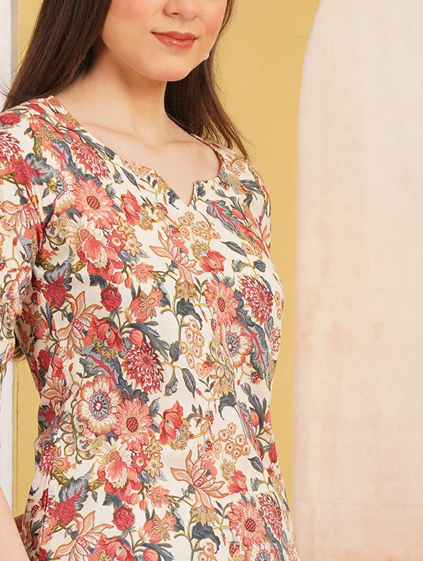 Women Printed Three Quarter Sleeve Straight Kurti - 22541820 -  Standard Image - 1