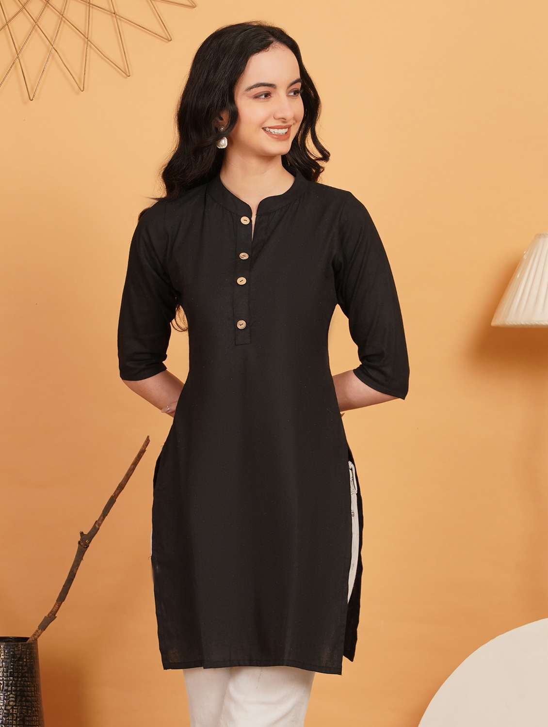 women solid three quarter sleeve straight kurti - 22541827 -  Standard Image - 1