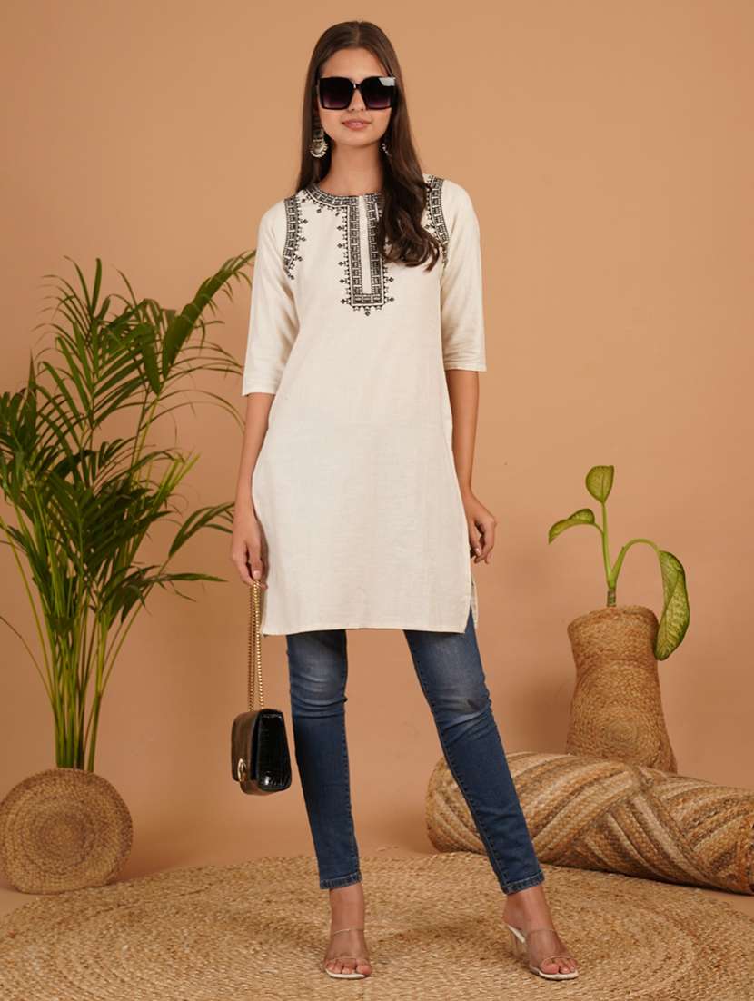 women embroidered three quarter sleeve straight kurti - 22541828 -  Standard Image - 4