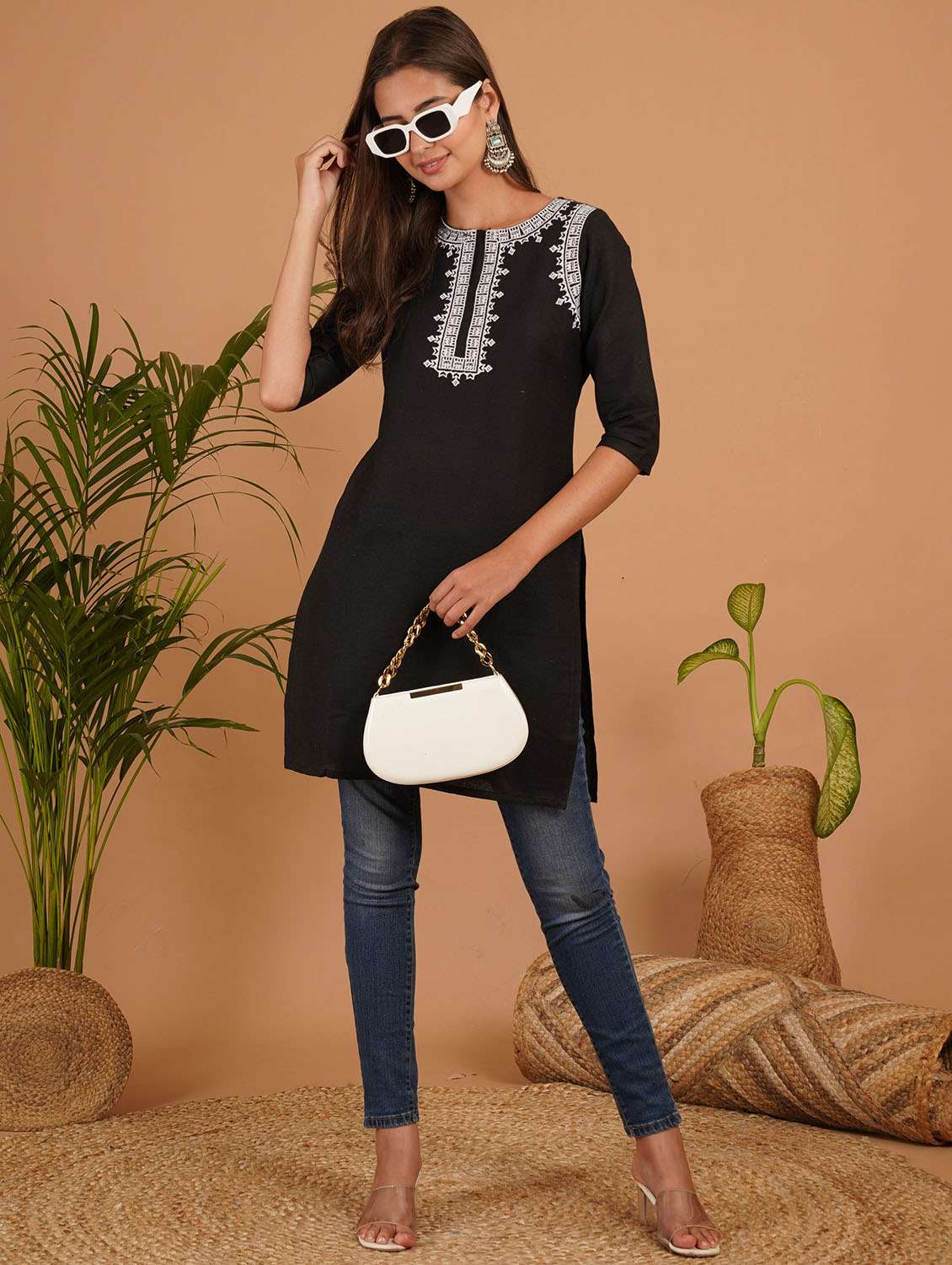 women embroidered three quarter sleeve straight kurti - 22541829 -  Standard Image - 4
