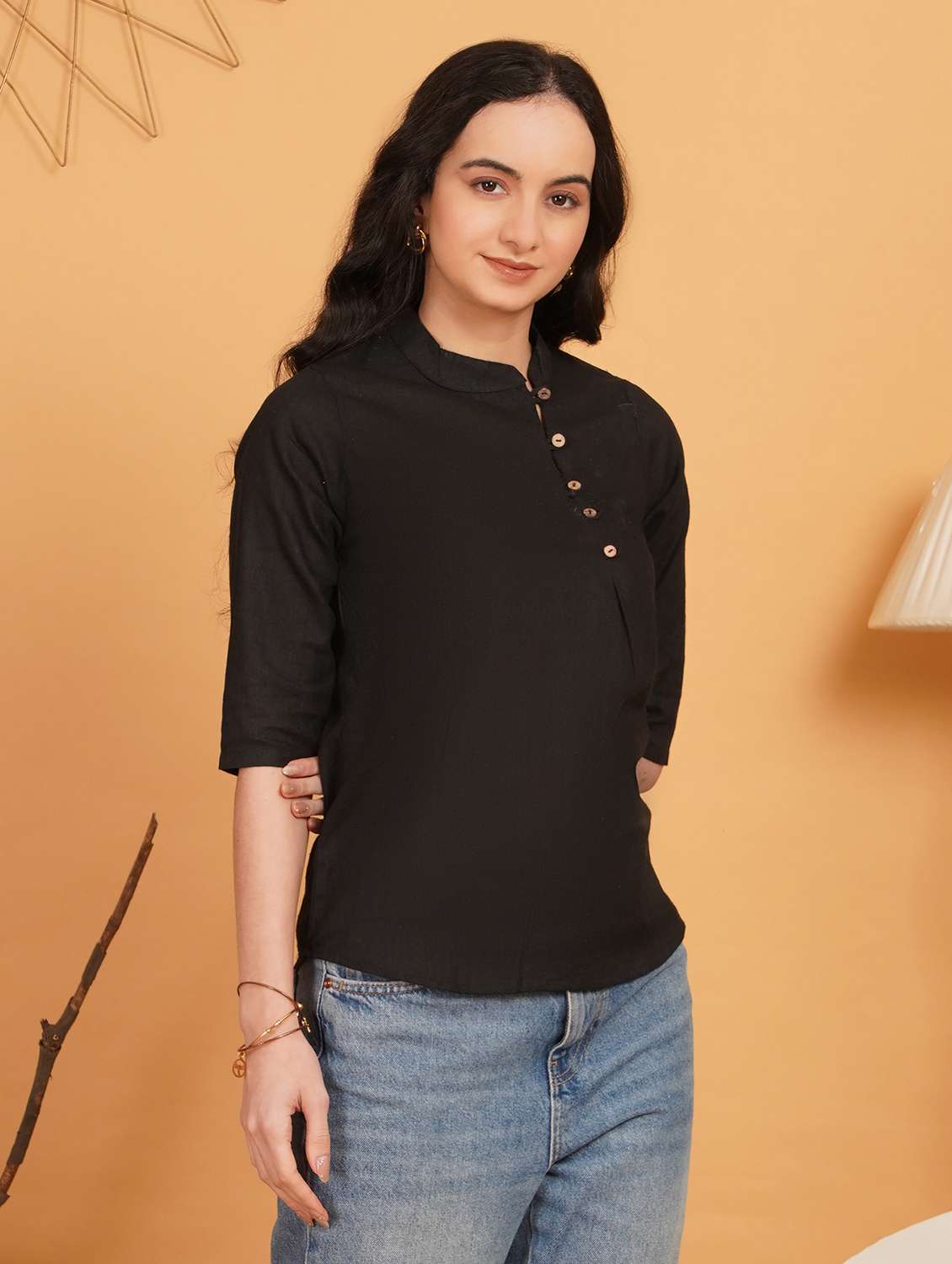 women solid three quarter sleeve ethnic top - 22541835 -  Standard Image - 1