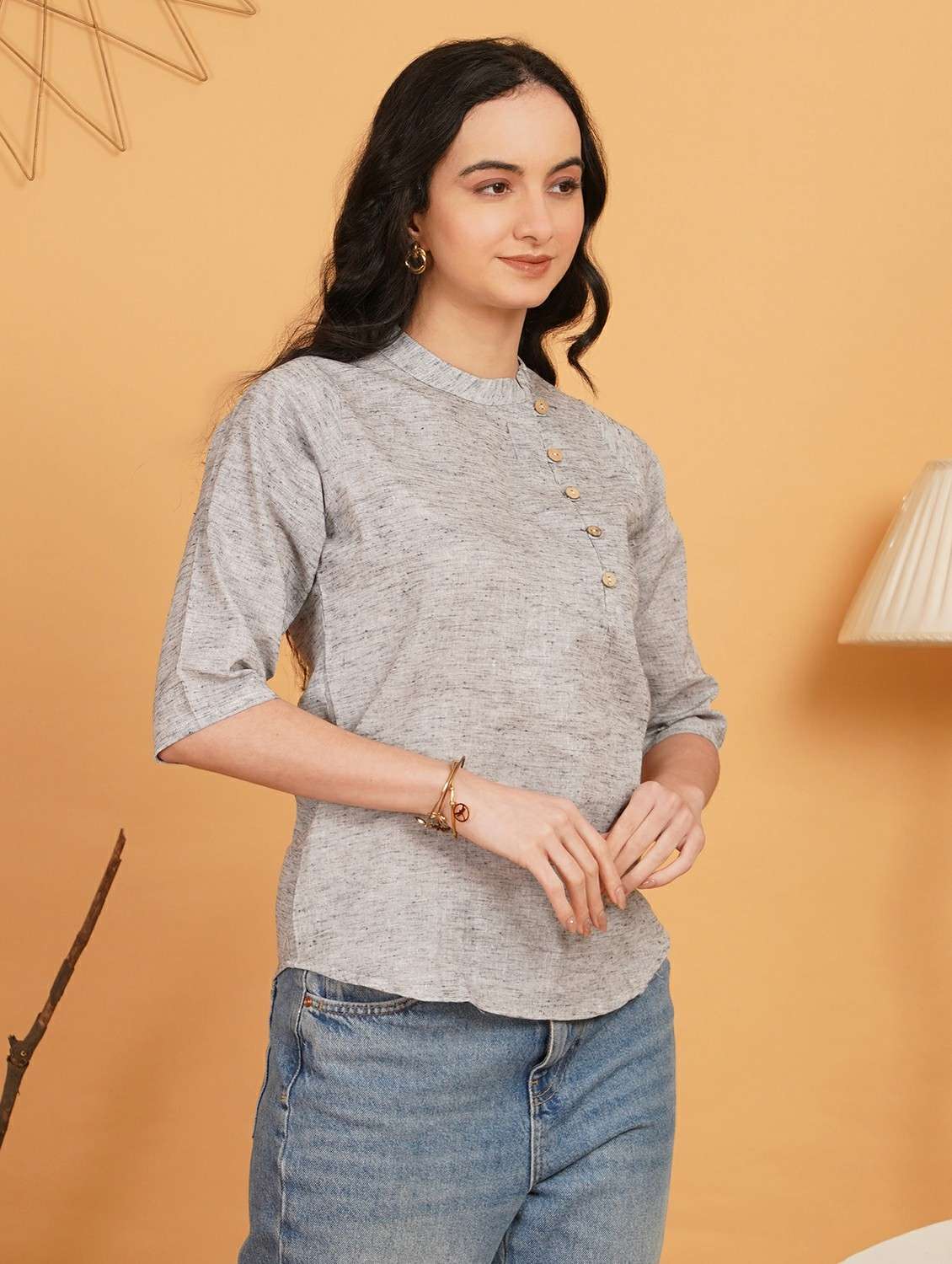 women solid three quarter sleeve ethnic top - 22541837 -  Standard Image - 1