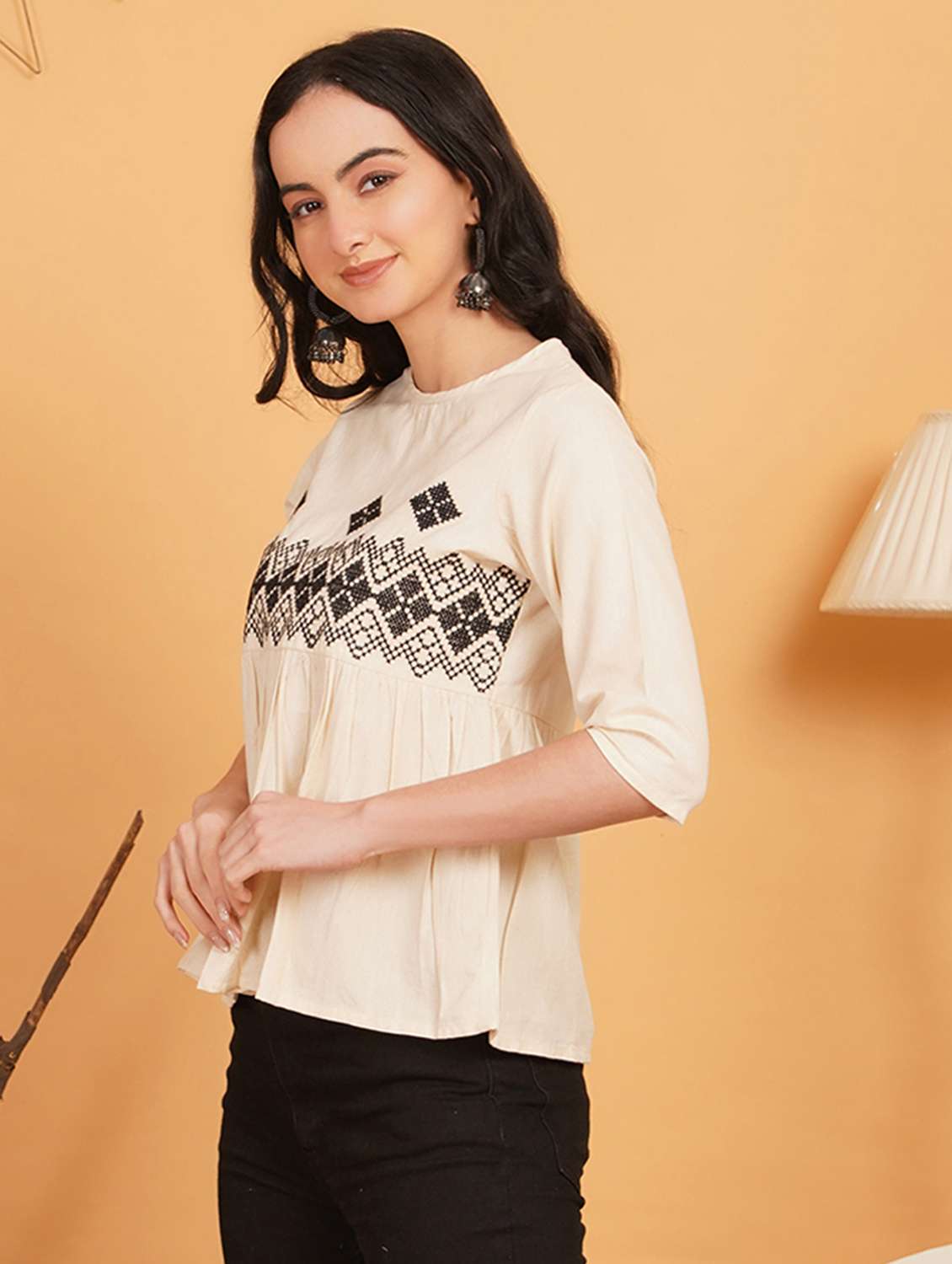 women embroidered three quarter sleeve ethnic top - 22541847 -  Standard Image - 1