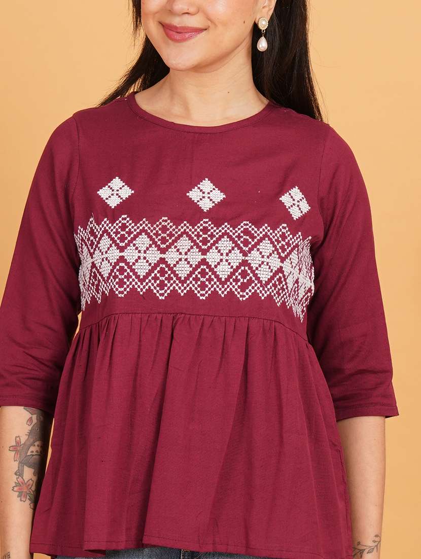 women embroidered three quarter sleeve ethnic top - 22541848 -  Standard Image - 1
