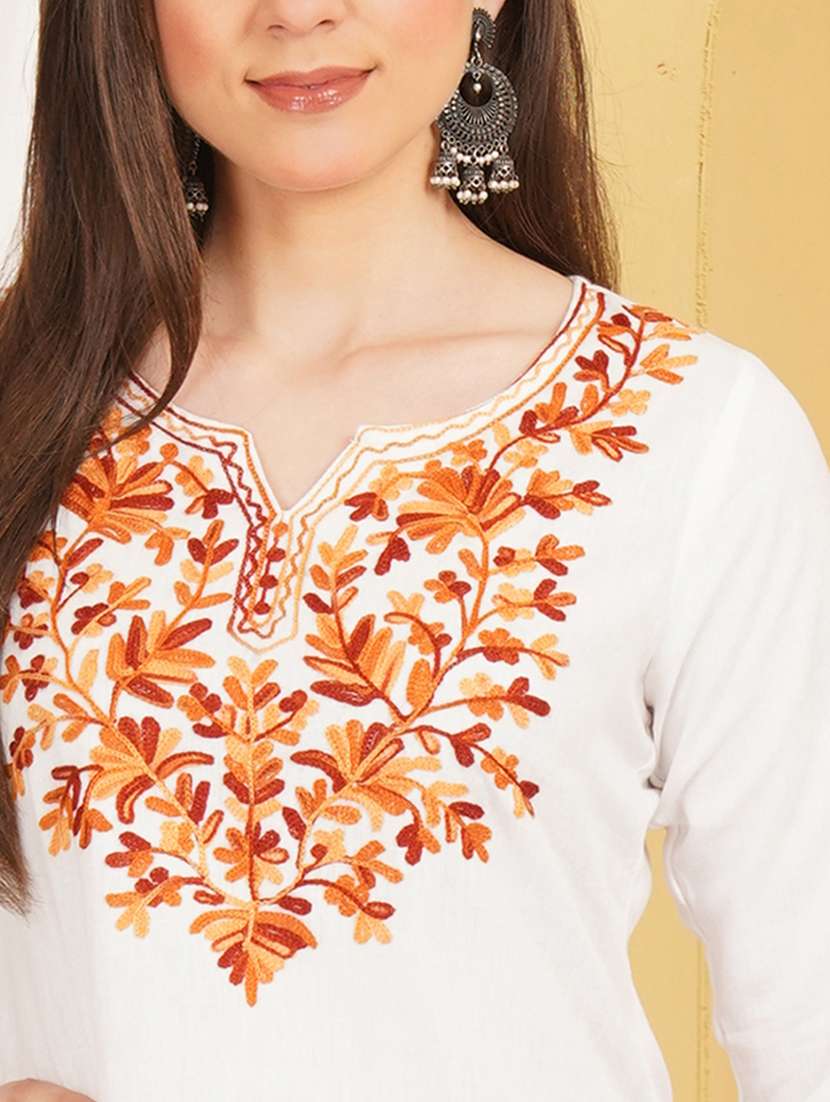Women Embroidered Notch Neck Straight Kurti - 22541853 -  Standard Image - 1