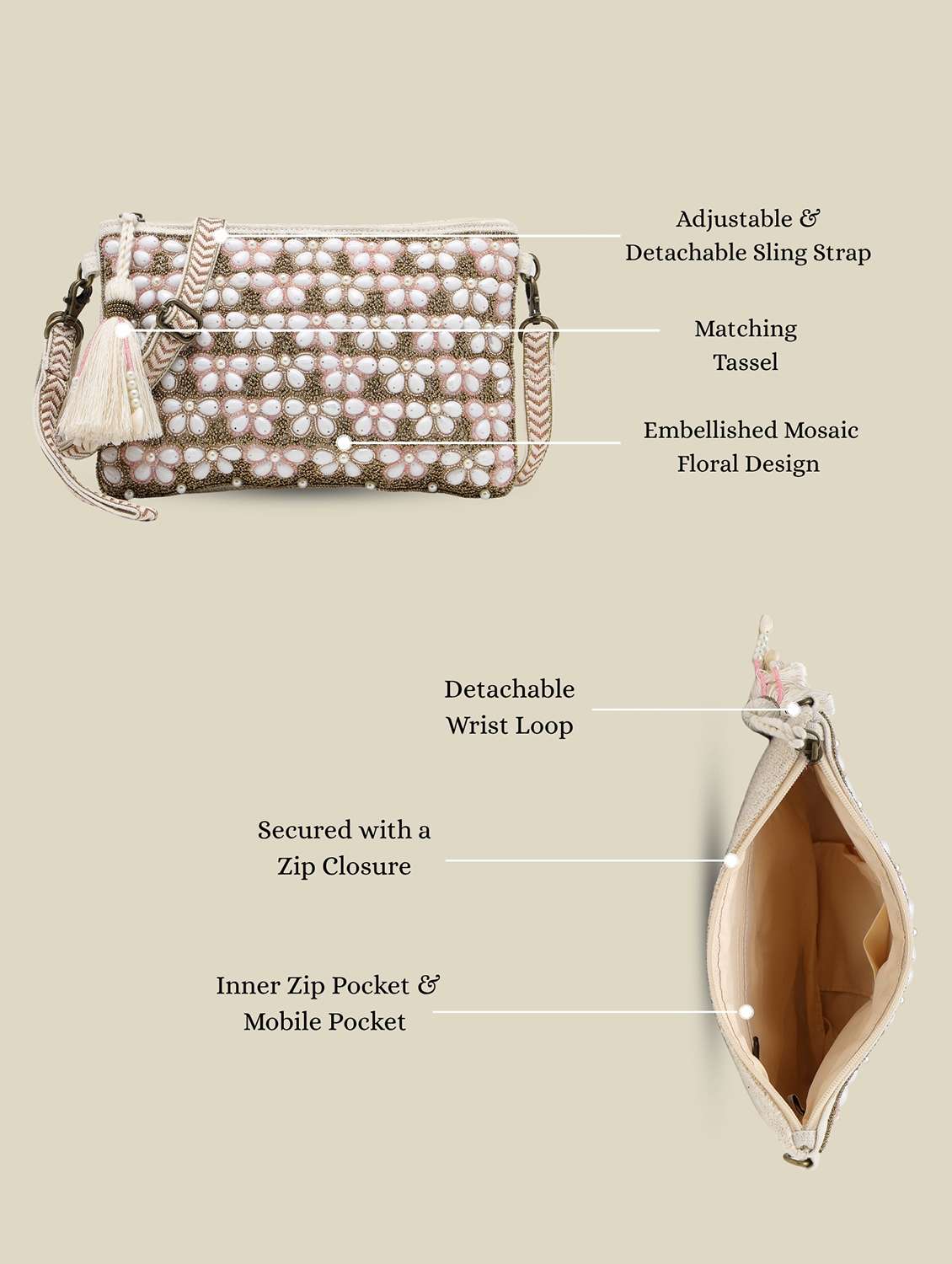 pink floral embellished cotton sling bag with zip closure - 22541927 -  Standard Image - 4