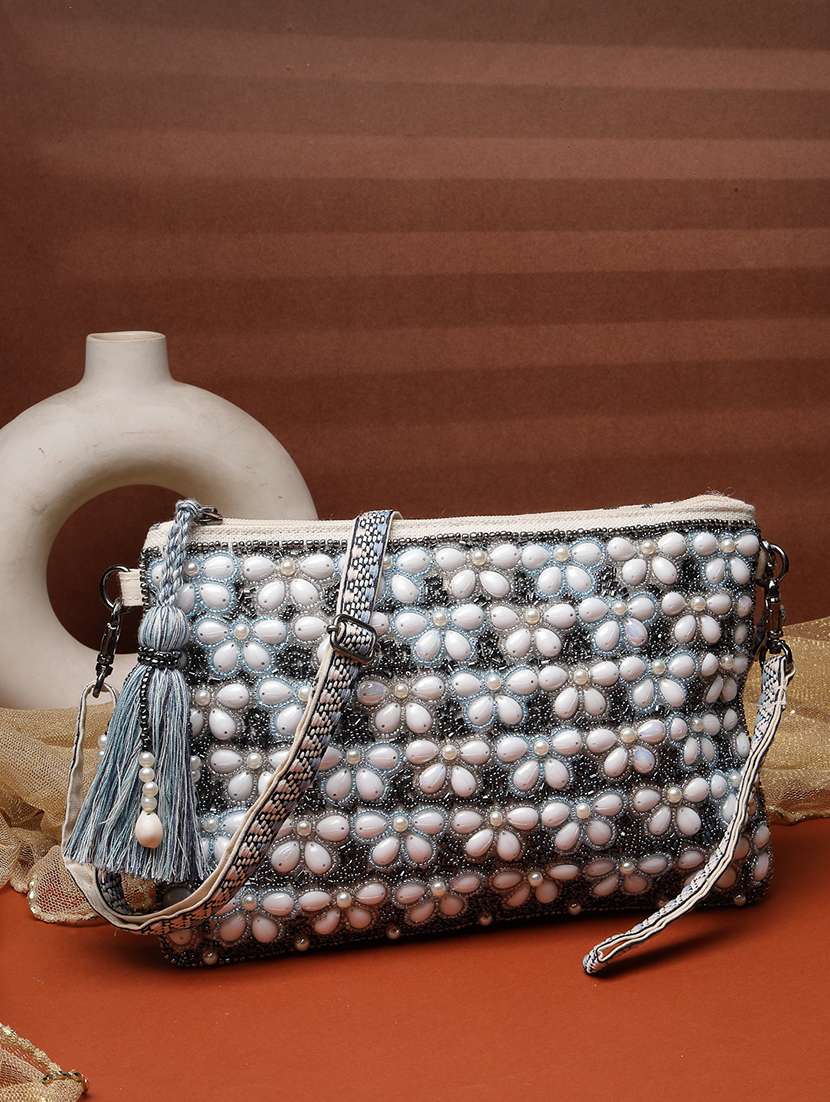 navy blue cotton floral embellished sling bag