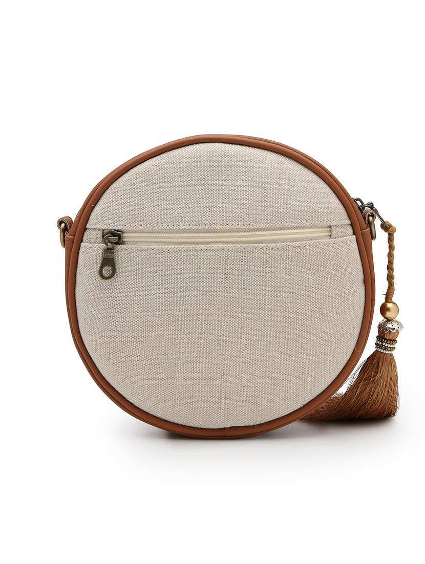 Tan Floral Embellished Cotton Sling Bag With Zip Closure - 22541930 -  Standard Image - 1
