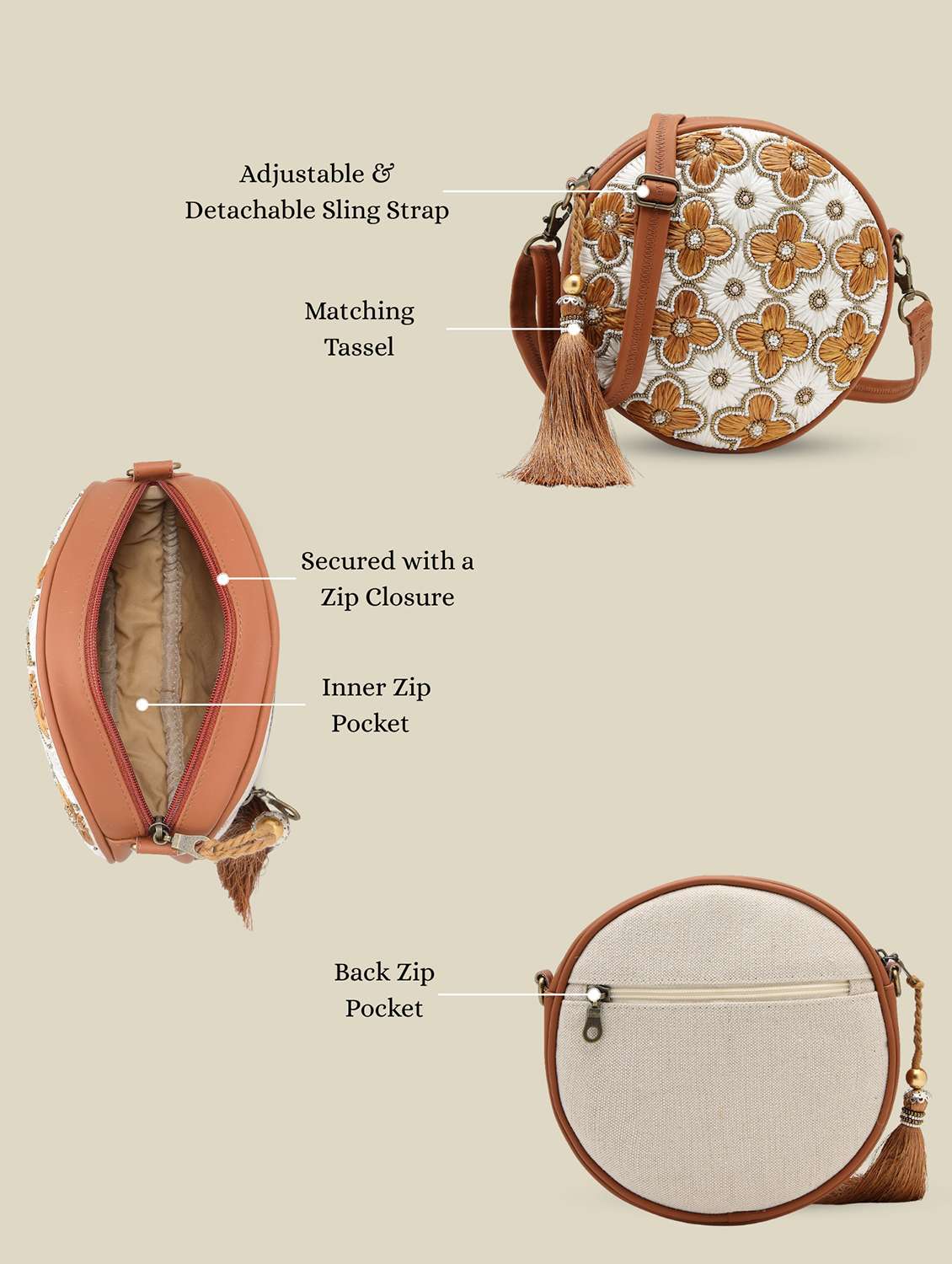 Tan Floral Embellished Cotton Sling Bag With Zip Closure - 22541930 -  Standard Image - 4