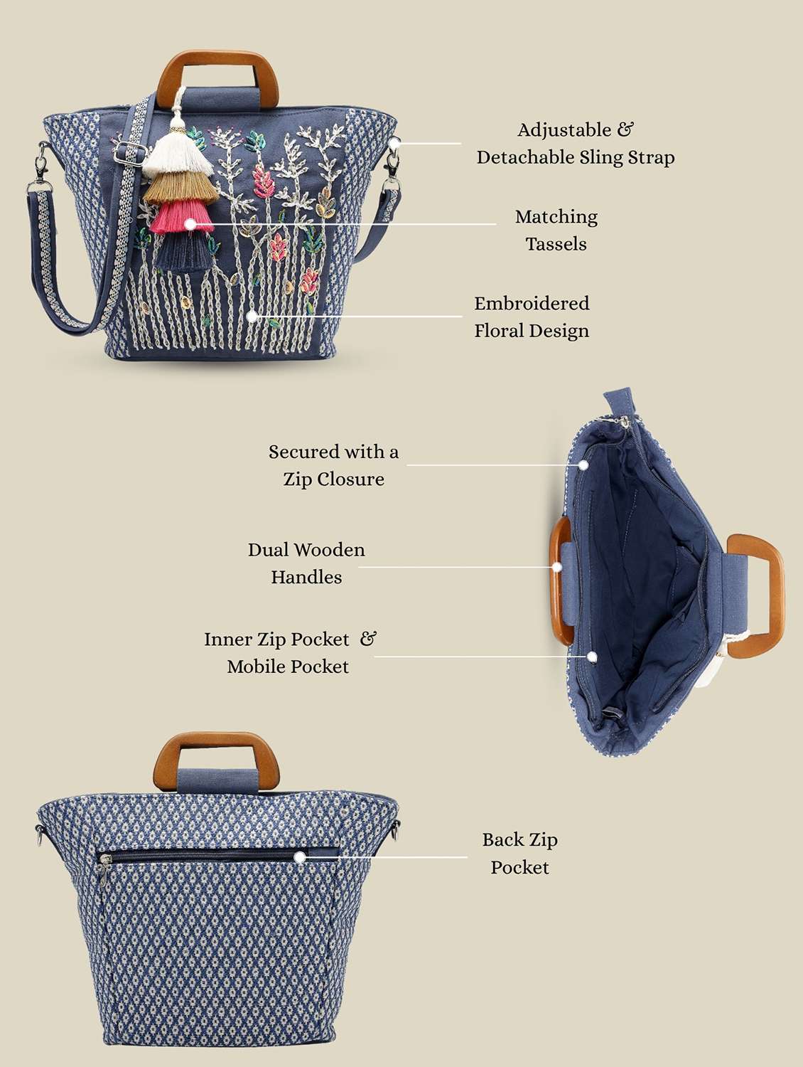 navy blue floral embroidery cotton handheld bag - 22541934 -  Standard Image - 4