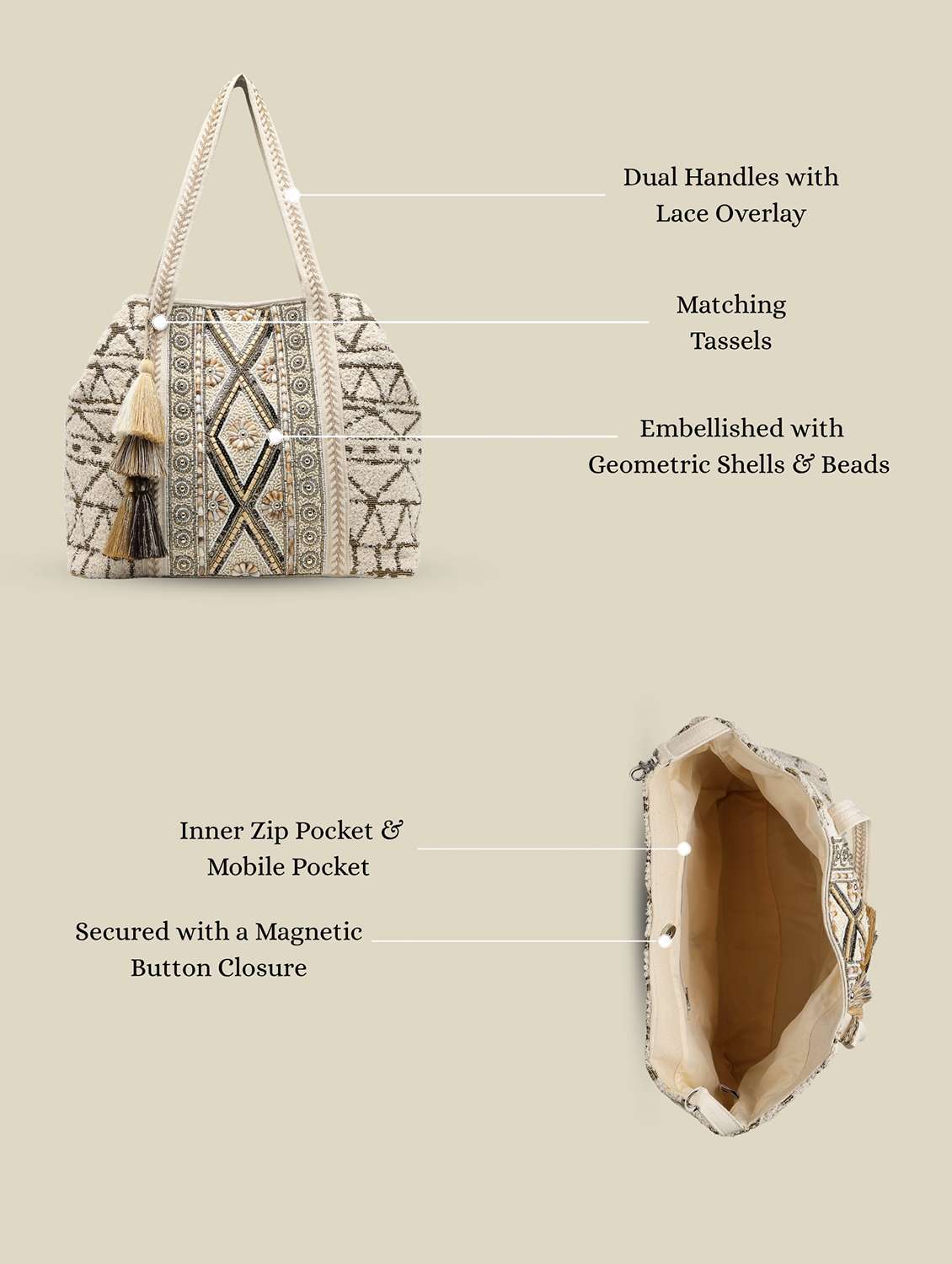 geometric pattern cotton canvas hobo bag with embellishment and button closure - 22541935 -  Standard Image - 4