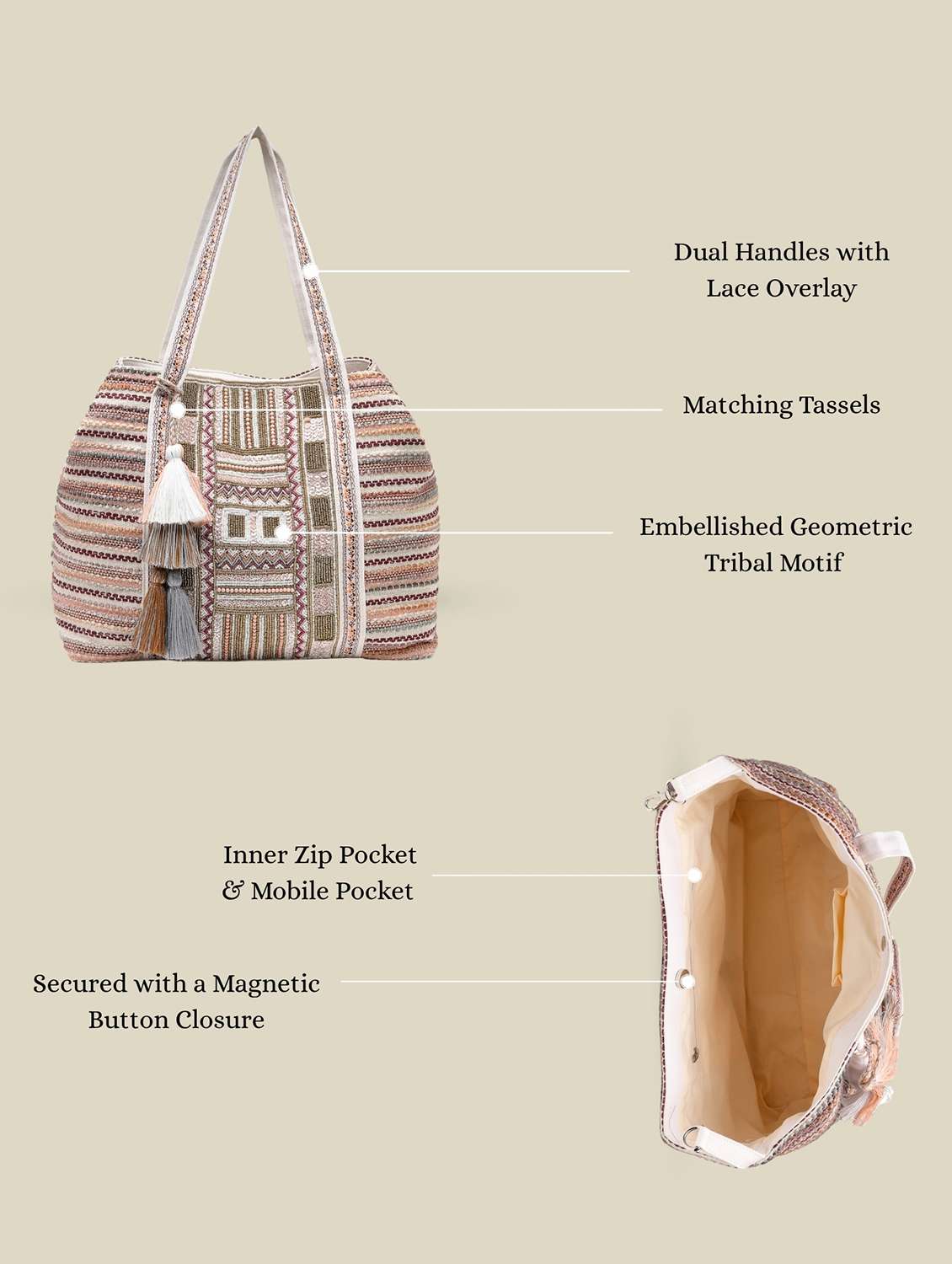 geometric pattern cotton canvas tote bag with button closure - 22541936 -  Standard Image - 4