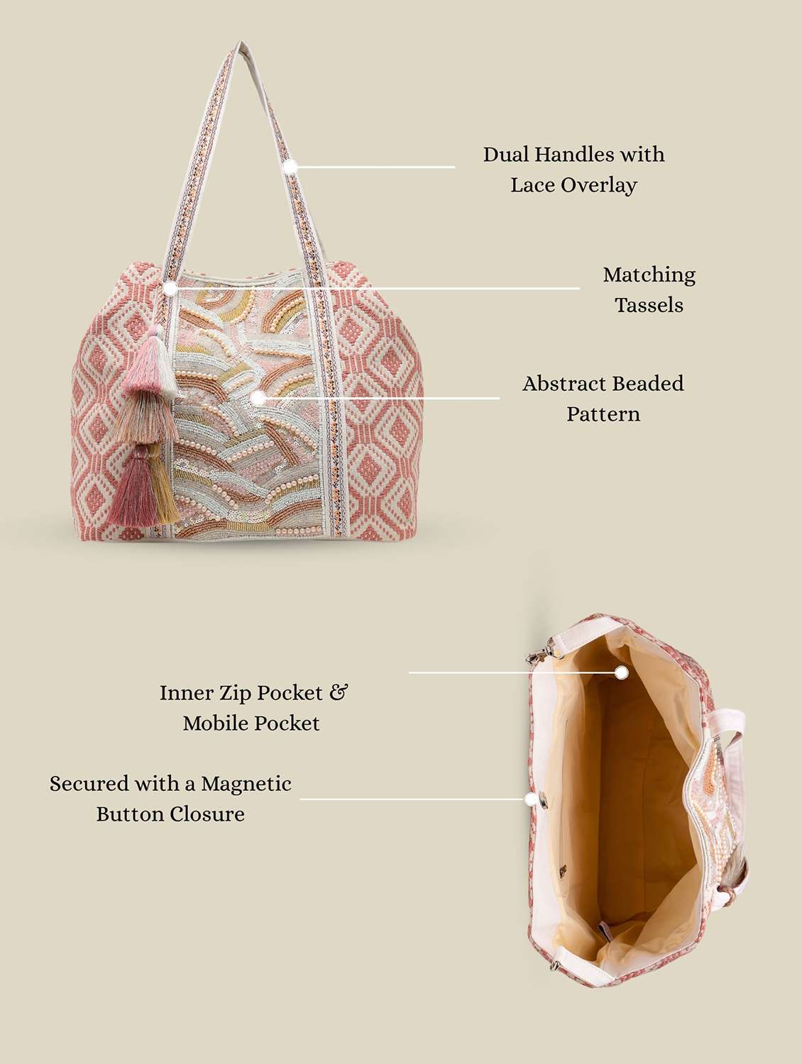 Pink Cotton Canvas Aztec Beaded Hobo Bag With Button Closure - 22541937 -  Standard Image - 4