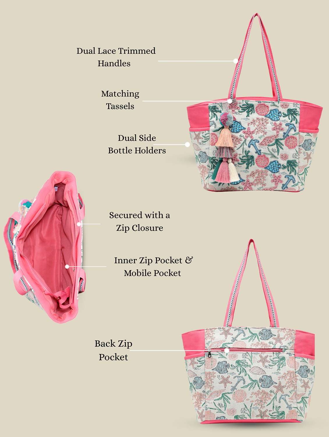 cream cotton embroidered floral casual tote bag - 22541939 -  Standard Image - 4
