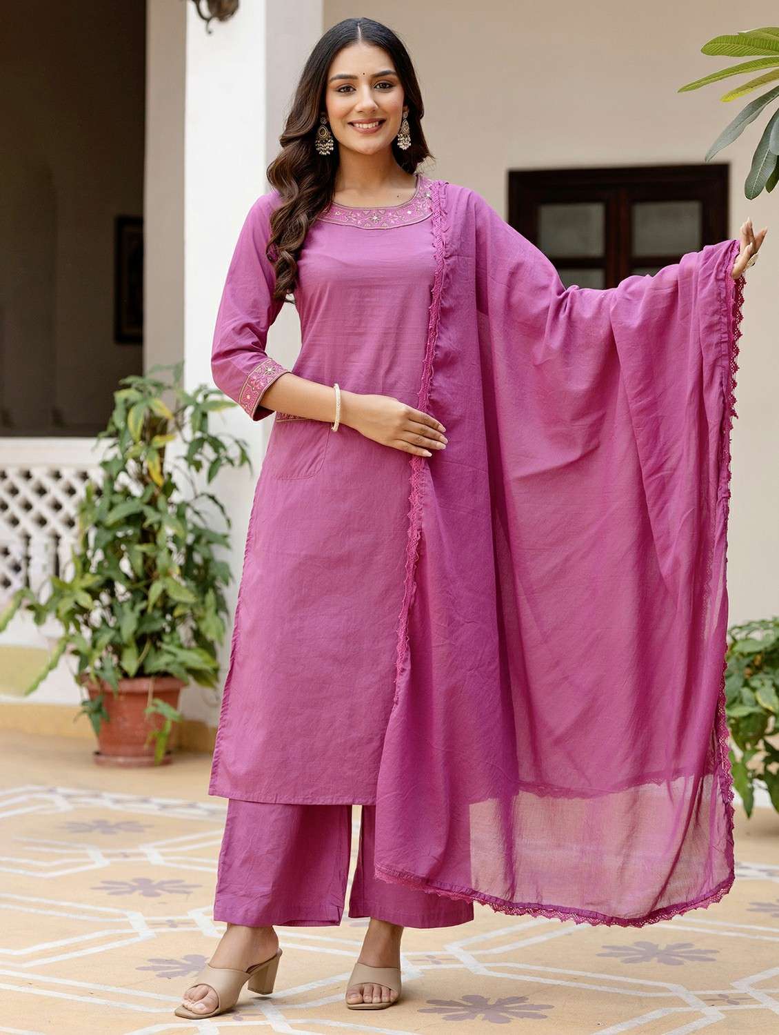 women embroidered three quarter sleeve kurta palazzo with dupatta set