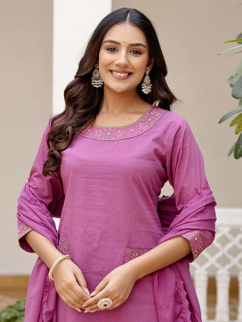 women embroidered three quarter sleeve kurta palazzo with dupatta set - 22541989 -  Standard Image - 1