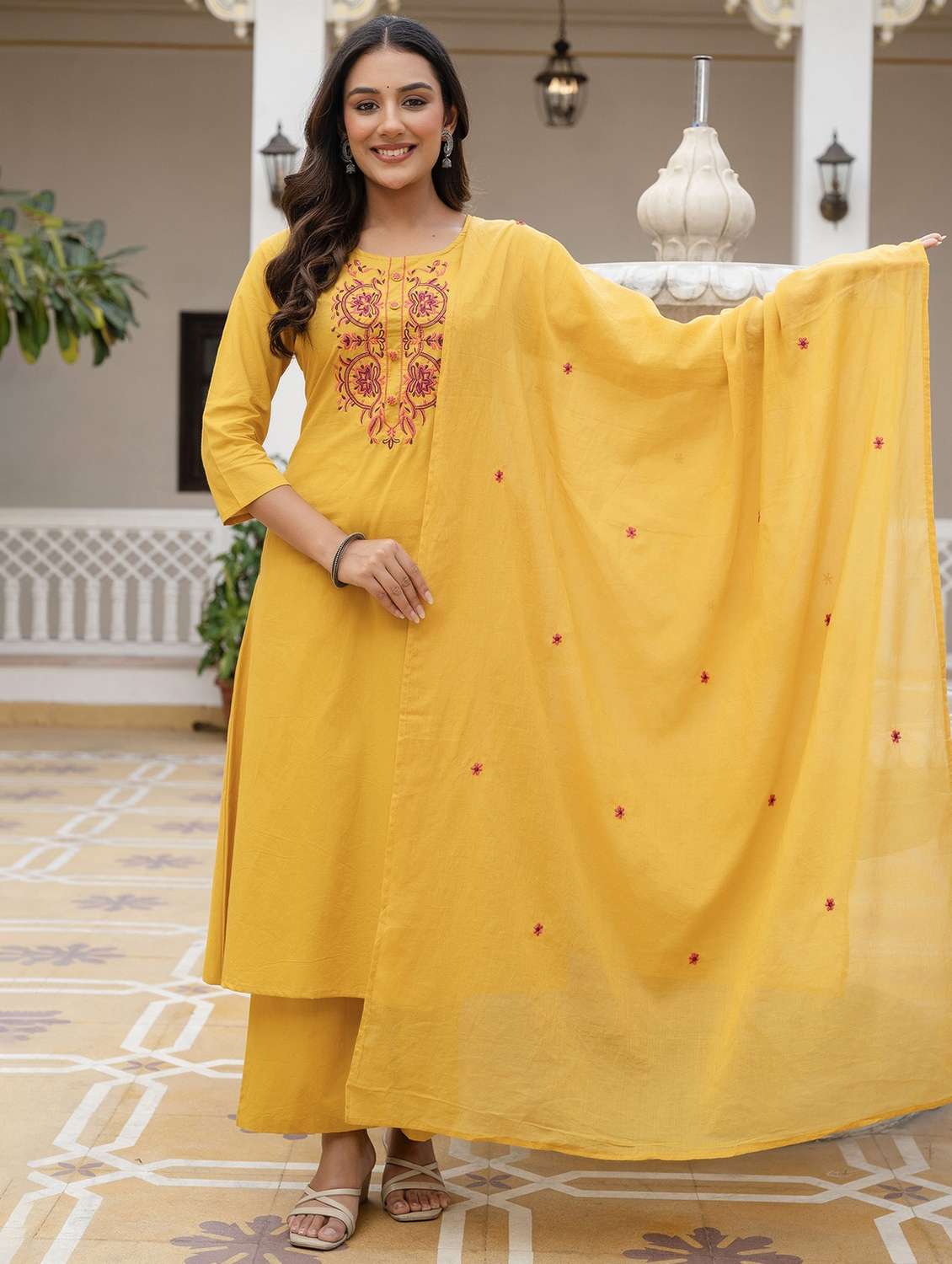 women embroidered three quarter sleeve kurta palazzo with dupatta set