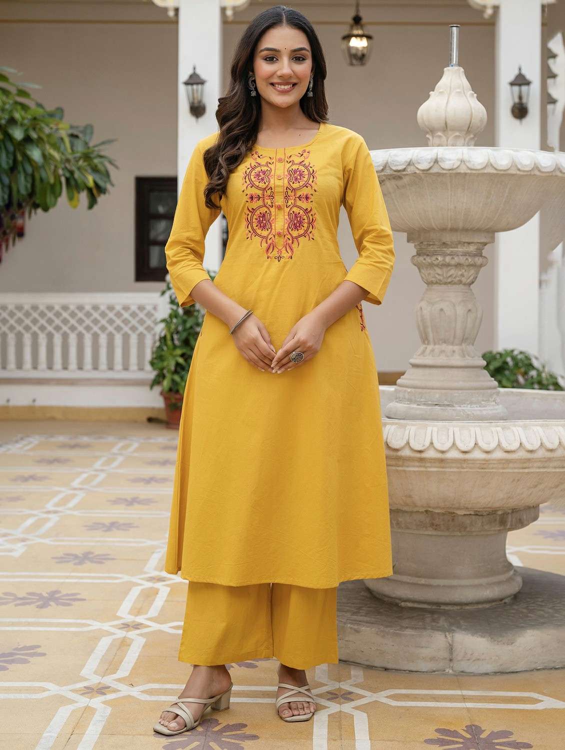 women embroidered three quarter sleeve kurta palazzo with dupatta set - 22541990 -  Standard Image - 1