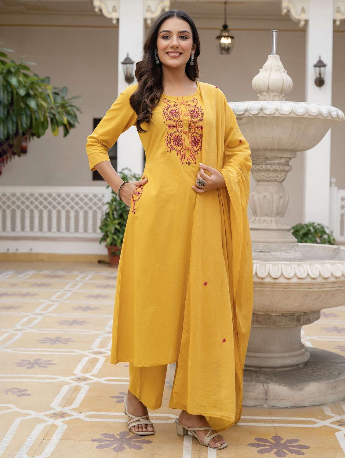 women embroidered three quarter sleeve kurta palazzo with dupatta set - 22541990 -  Standard Image - 4