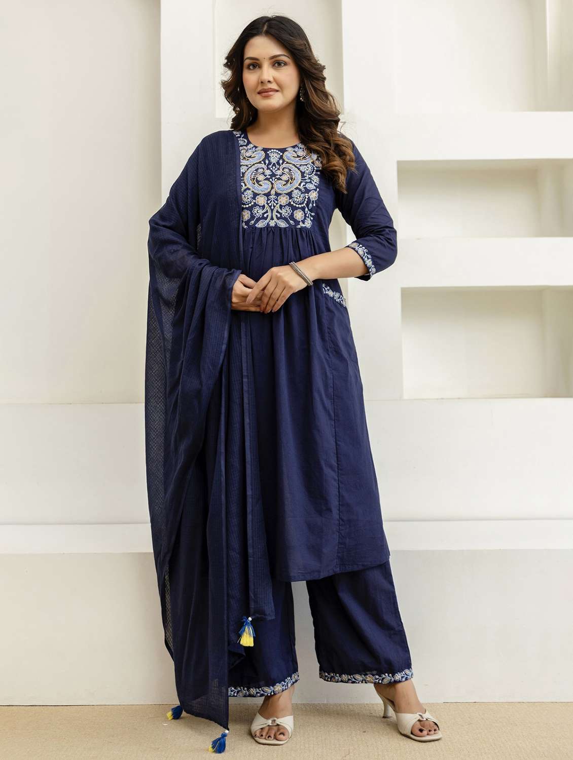 women embroidered three quarter sleeve kurta palazzo with dupatta set