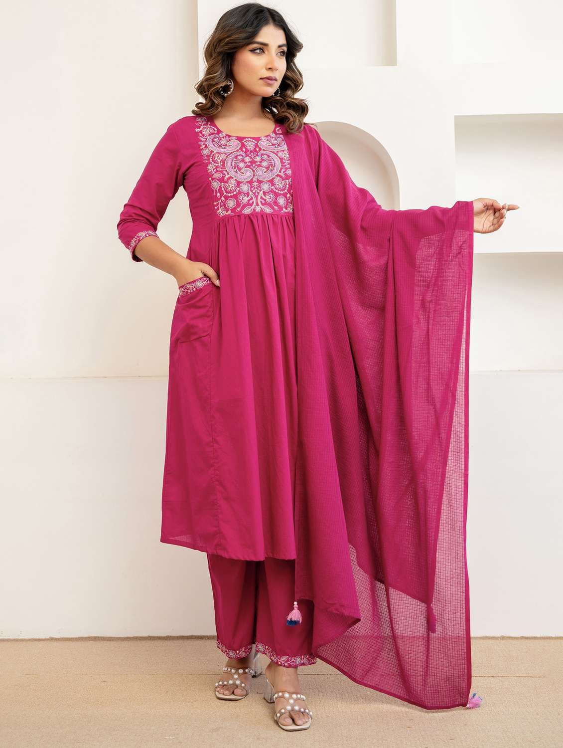 women embroidered three quarter sleeve kurta palazzo with dupatta set