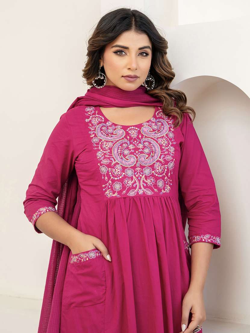 women embroidered three quarter sleeve kurta palazzo with dupatta set - 22541998 -  Standard Image - 1